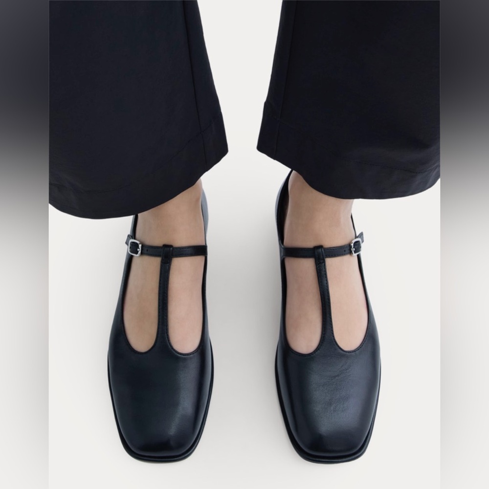 Everlane The Leather T-Strap Flat in Black